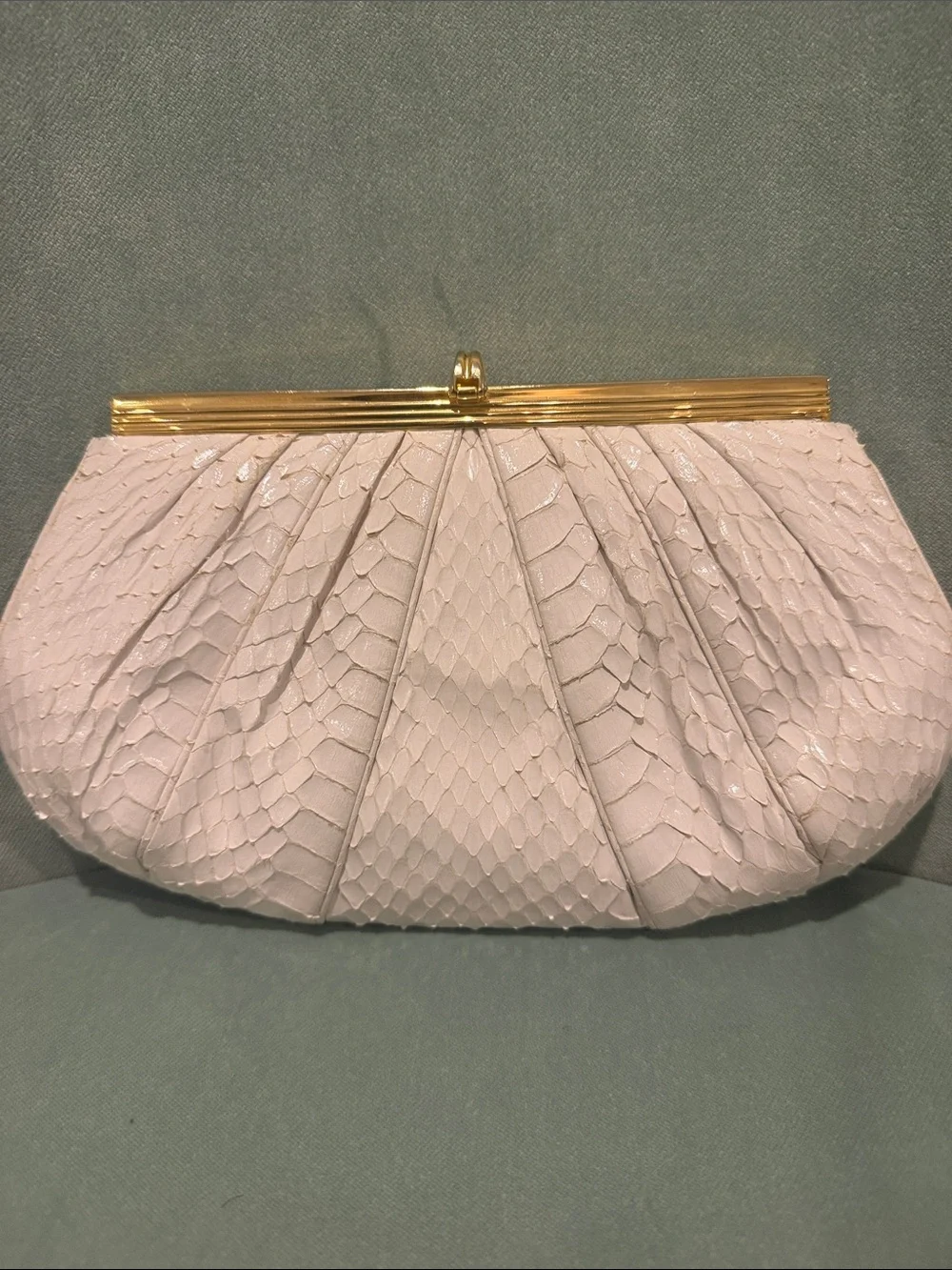 Judith Leiber Cream Python-Texture Pleated Clutch with Gold Frame